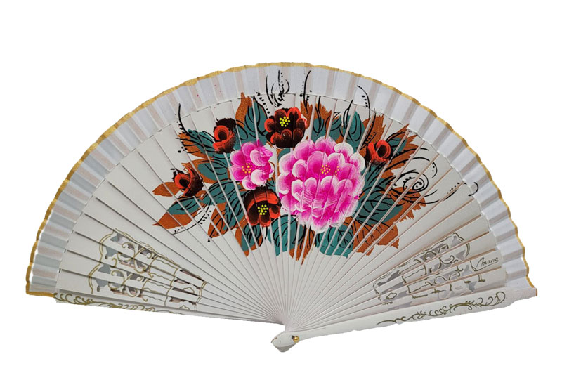 White Fan Decorated with Flowers and Painted by Both Faces
